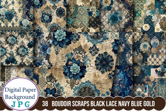 Boudoir Scraps Black Lace Navy Blue Gold: A Versatile Design Element for Creative Projects