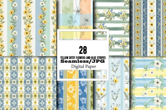 Yellow Ditsy Flowers and Blue Stripes